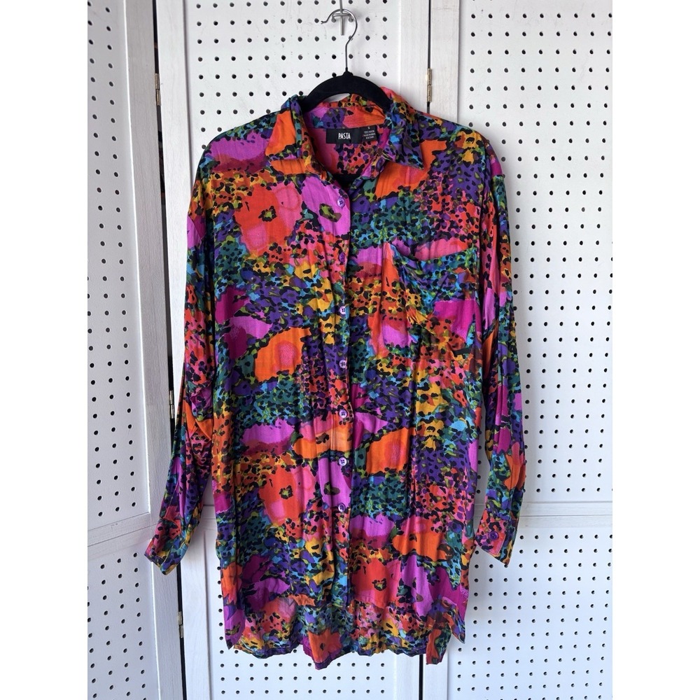 PASTA Women's S Rayon Button Down Tunic Blouse Colorful Vibrant Artsy Floral